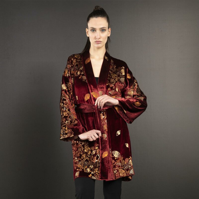 Isabel | 印花天鹅绒和服外套 | Ventagli 宝石红