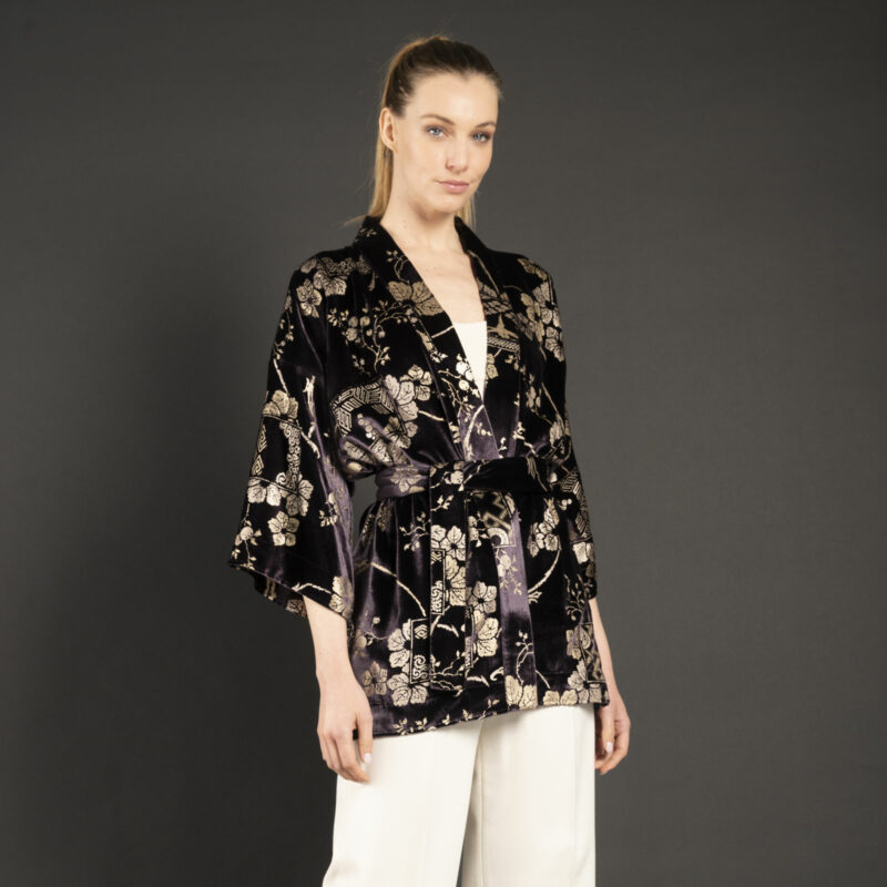 Iris | 印花天鹅绒和服短外套 | Riassunto Purple - 图片 3