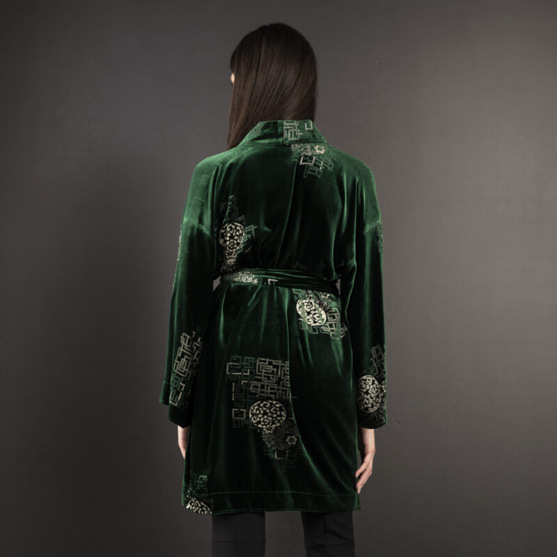 伊莎贝尔 | 印花天鹅绒和服外套 | 京都冷杉绿 - 图片 2