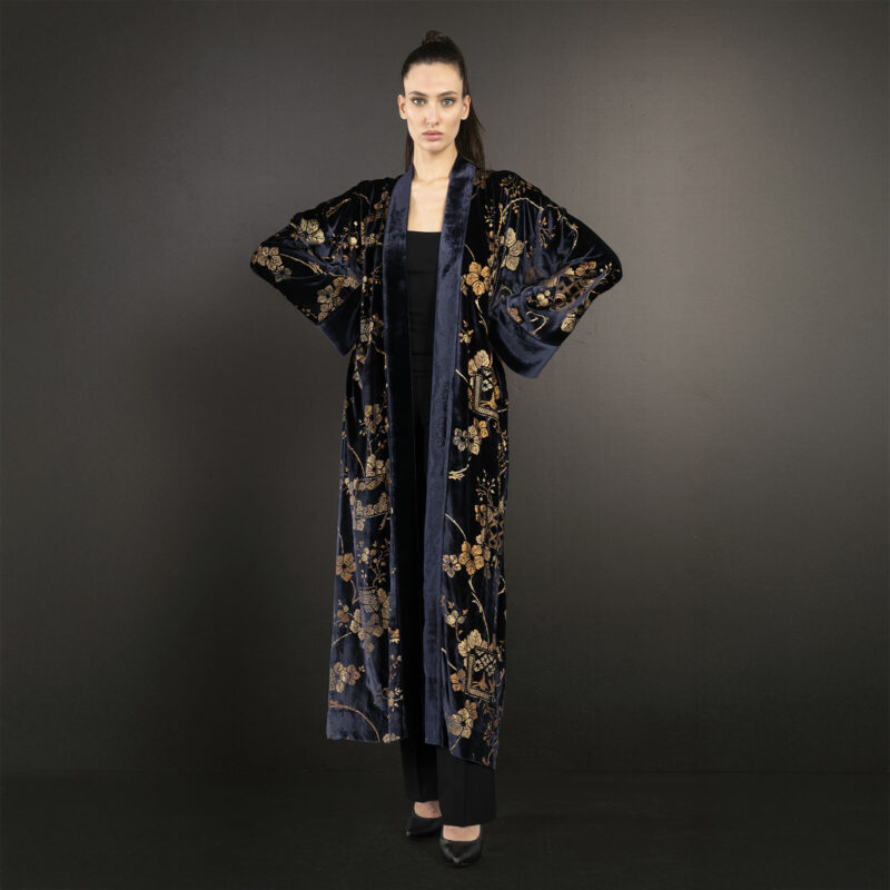 Audrey | 印花天鹅绒长和服外套 | Riassunto 深蓝色 - 图片 2