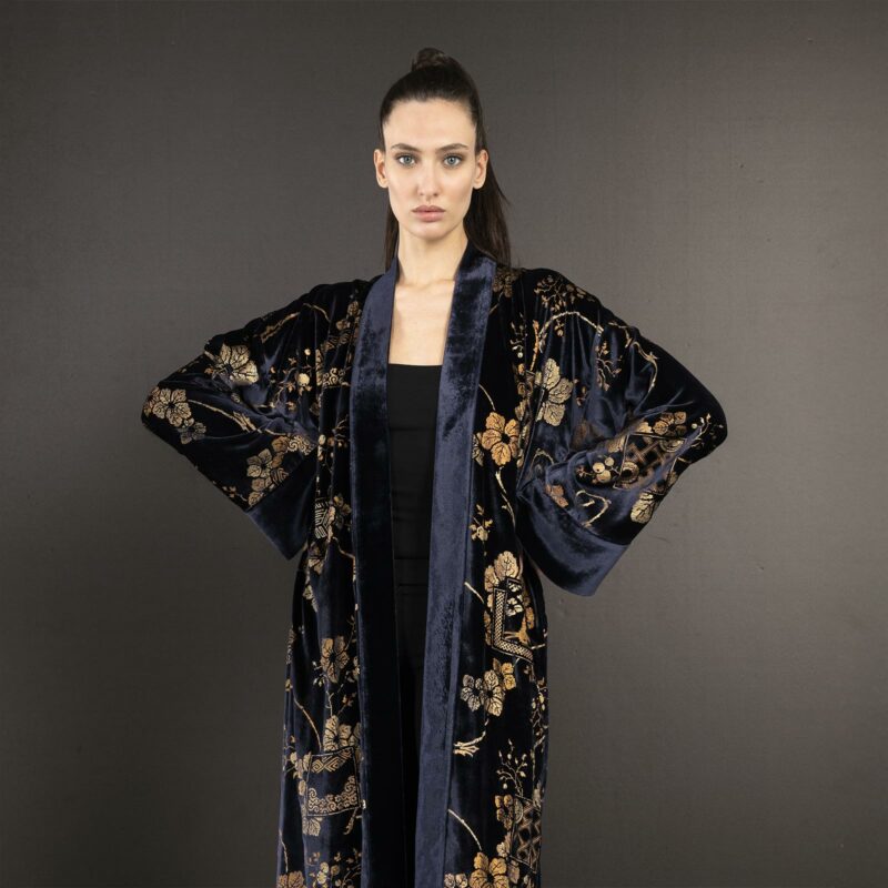 Audrey | 印花天鹅绒长和服外套 | Riassunto 深蓝色 - 图片 5