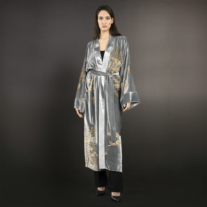 Audrey | 印花天鹅绒长和服外套 | 日本银色 - 图片 2