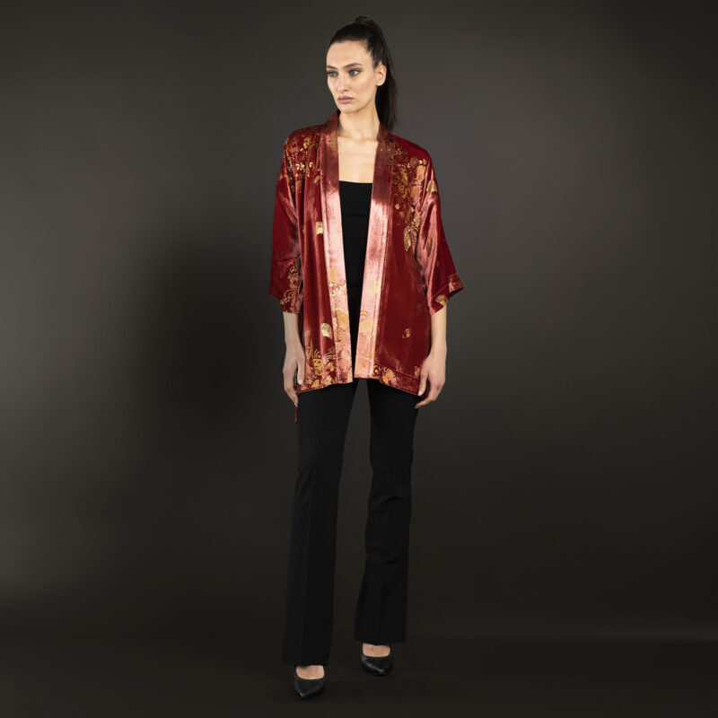 Iris | 印花天鹅绒和服短外套 | Ventagli 肉桂色 - 图片 2