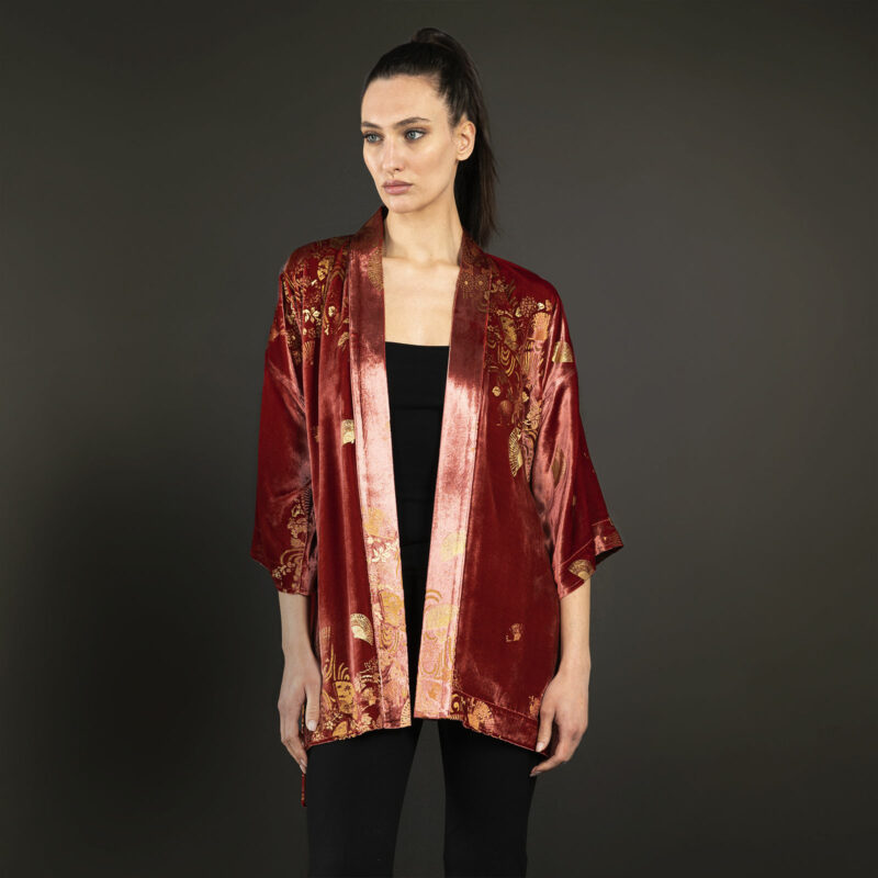 Iris | 印花天鹅绒和服短外套 | Ventagli 肉桂色 - 图片 4