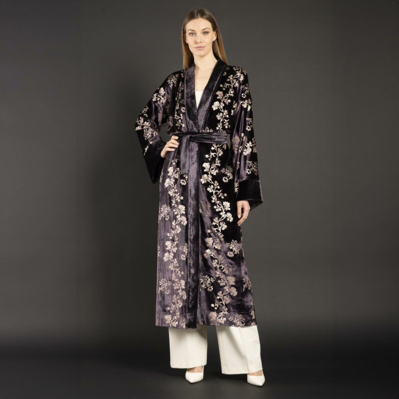 Audrey | 印花天鹅绒长和服外套 | 玫瑰紫 - 图片 2