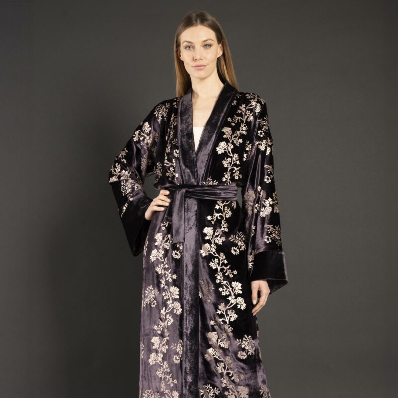 Audrey | 印花天鹅绒长和服外套 | 玫瑰紫 - 图片 5