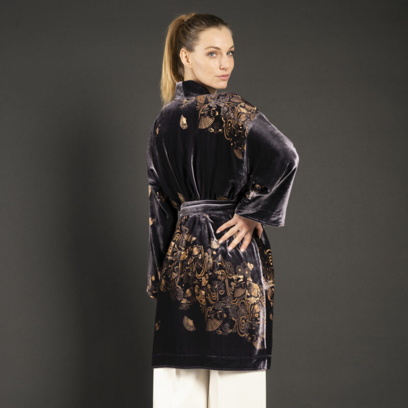 Isabel | 印花天鹅绒和服外套 | Ventagli 紫灰色 - 图片 3