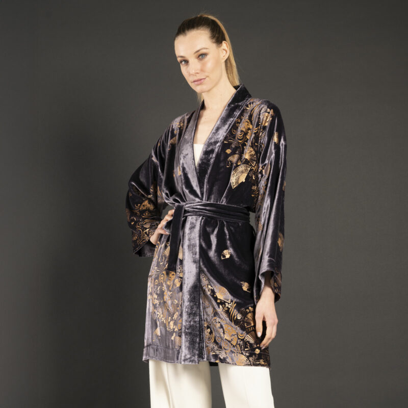 Isabel | 印花天鹅绒和服外套 | Ventagli 紫灰色