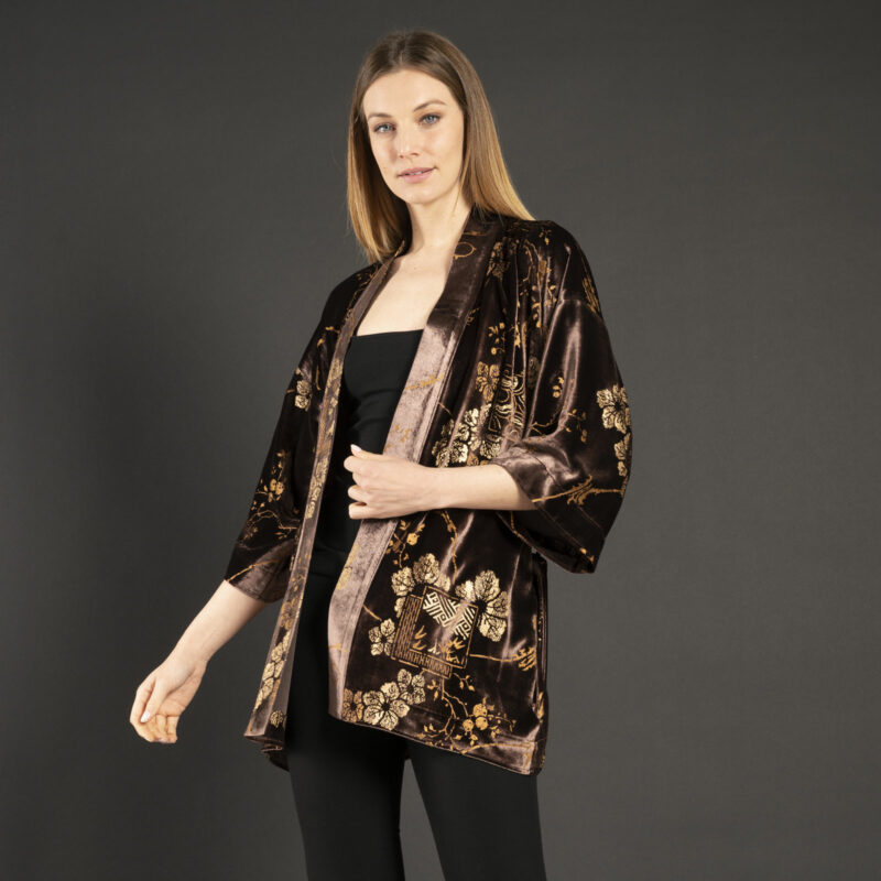 Iris | 印花天鹅绒和服短外套 | Riassunto 可可色 - 图片 3